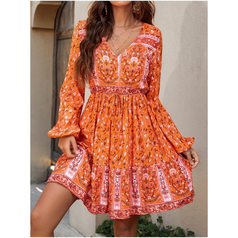 Boho Orange Floral Print V neck Cottagecore Mini dress - Picture 1 of 6